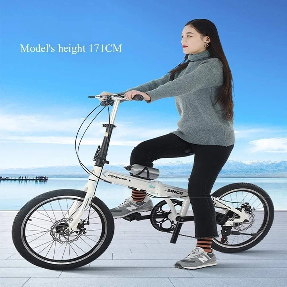 دوچرخه تاشو 20 اینچی با 7 دنده، سبک و قابل حمل، مناسب بزرگسالان و بانوان، ترمز دیسکی دوبل، فریم تقویت شده، دوچرخه رفت و آمد (رنگ: سفید)