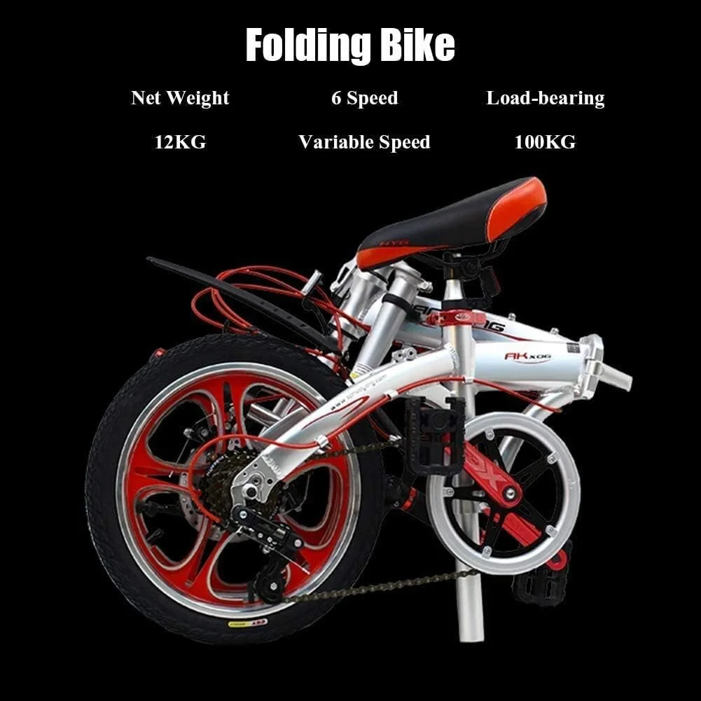 دوچرخه تاشو 16 اینچی ساده و شیک، مناسب آقایان، بانوان و دانشجویان، 6 سرعته، ترمز دیسکی دوبل، آلیاژ آلومینیوم، سبک و قابل حمل، مشکی (رنگ: مشکی)