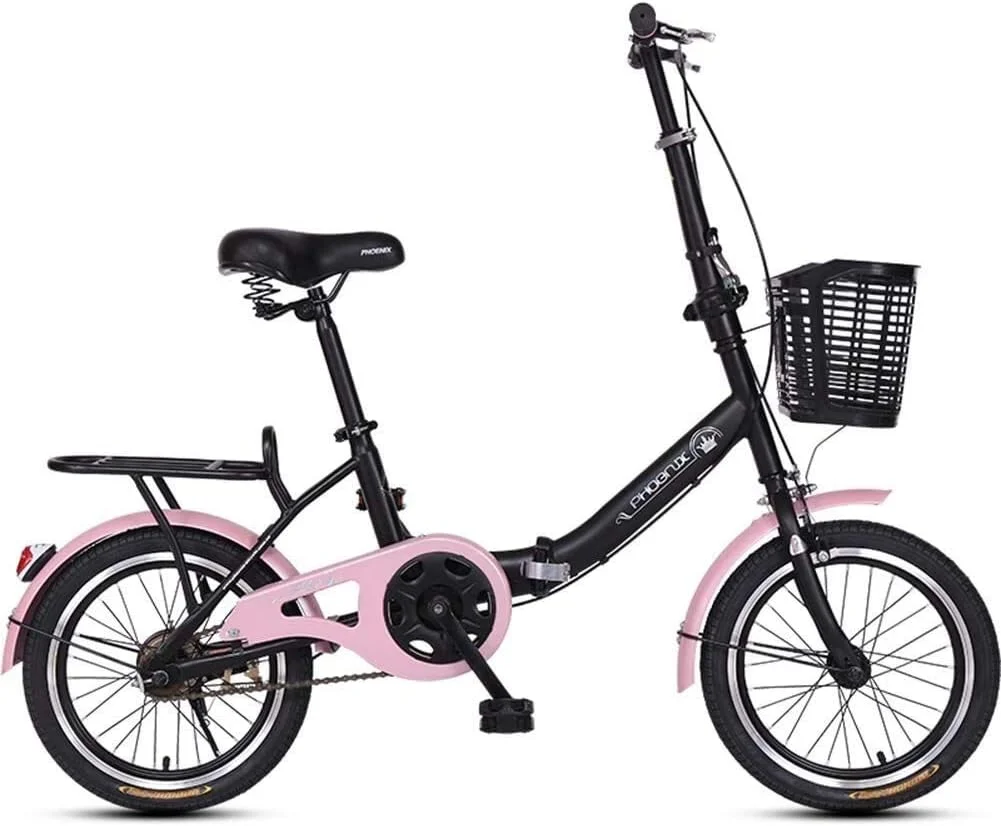 دوچرخه تاشو 16 اینچی با طراحی ساده و مدرن، مناسب بزرگسالان، آقایان و بانوان، سبک وزن، تک سرعته، با فریم تقویت شده از جنس فولاد کربنی، ایده آل برای رفت و آمد (رنگ: صورتی)