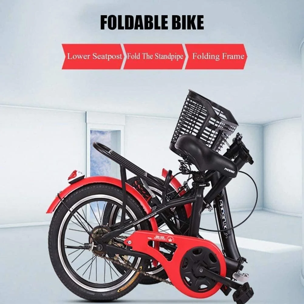 دوچرخه تاشو 16 اینچی با طراحی ساده و مدرن، مناسب بزرگسالان، آقایان و بانوان، سبک وزن، تک سرعته، با فریم تقویت شده از فولاد کربنی، مناسب برای رفت و آمد (رنگ: قرمز)