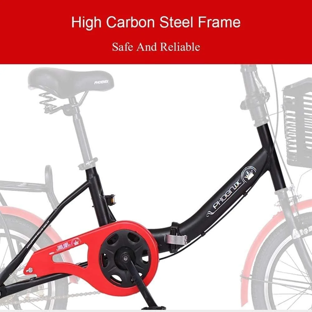 دوچرخه تاشو 16 اینچی با طراحی ساده و مدرن، مناسب بزرگسالان، آقایان و بانوان، سبک وزن، تک سرعته، با فریم تقویت شده از فولاد کربنی، مناسب برای رفت و آمد (رنگ: قرمز)