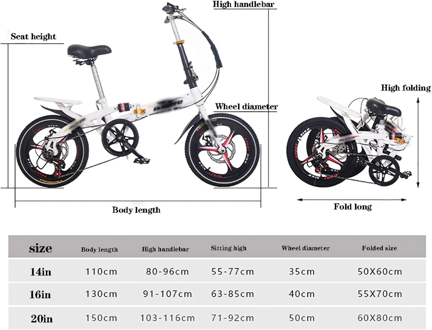 دوچرخه کوهستانی تاشو ساده و شیک ۱۴/۱۶/۲۰ اینچی، دوچرخه ام تی بی سبک وزن مینی بزرگسال با ترمزهای دیسکی مکانیکی جلو و عقب/سرعت متغیر، دوچرخه های کمک فنردار بزرگسال مردانه و زنانه F 14