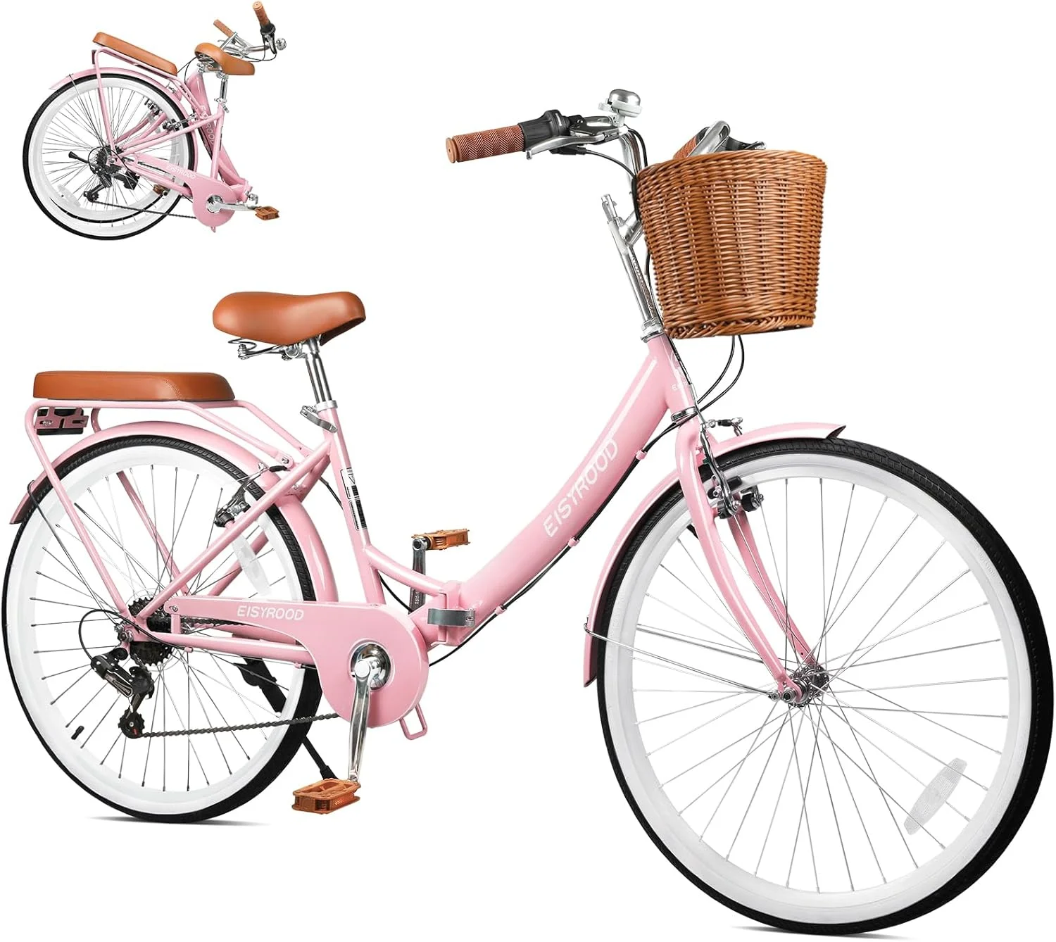 دوچرخه تاشو زنانه 26 اینچی، دوچرخه تاشو زنانه با سبد، دوچرخه ساحلی 7 سرعته تاشو زنانه با کوسن، ترمزهای V، نصب سریع برای بزرگسالان، زنانه