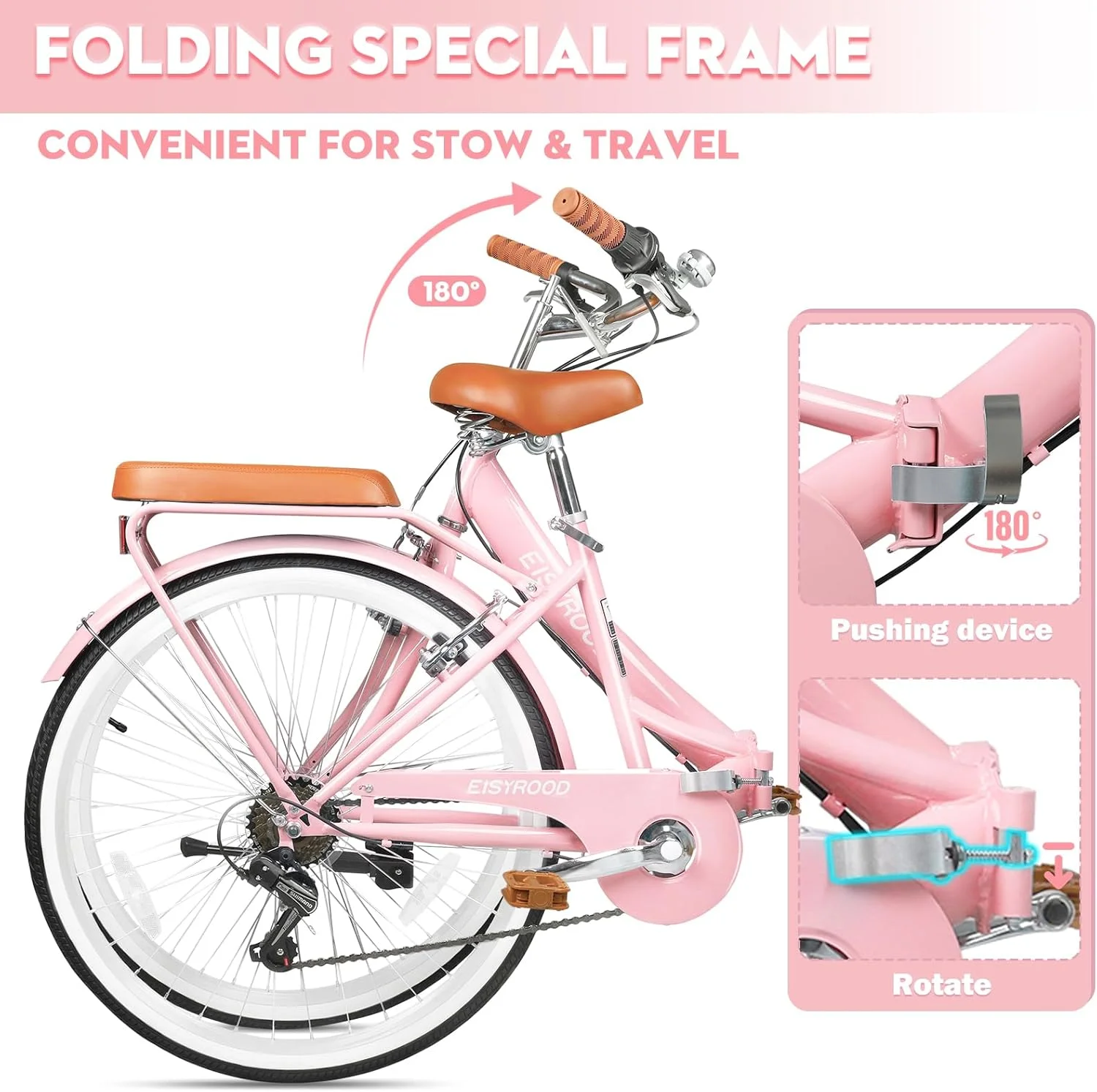 دوچرخه تاشو زنانه 26 اینچی، دوچرخه تاشو زنانه با سبد، دوچرخه ساحلی 7 سرعته تاشو زنانه با کوسن، ترمزهای V، نصب سریع برای بزرگسالان، زنانه