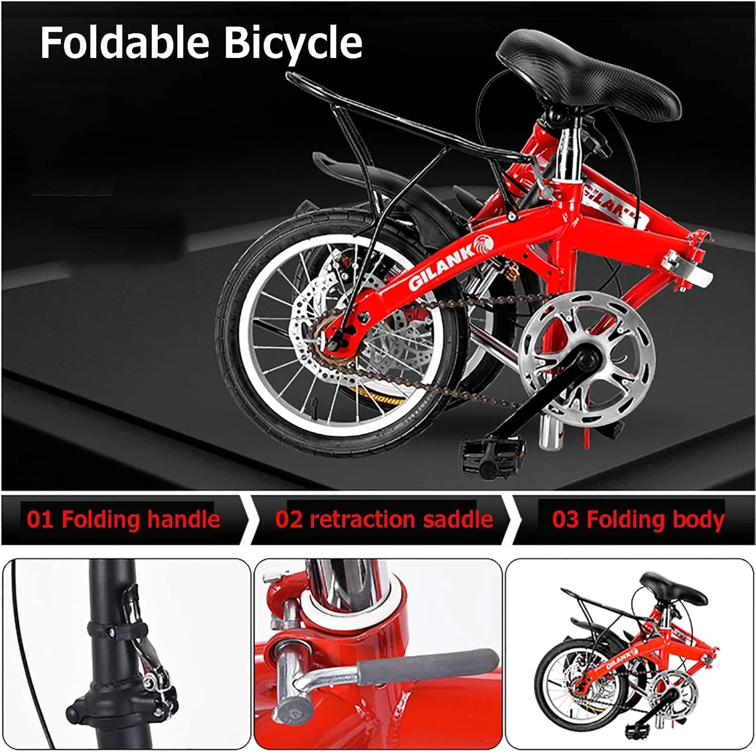 دوچرخه تاشو سبک و جمع و جور برای بزرگسالان، ترمز دیسکی دوگانه، مناسب شهر با ترک بند عقب، ایده آل برای رفت و آمد آقایان، بانوان و دانشجویان، مدل 14 اینچ قرمز