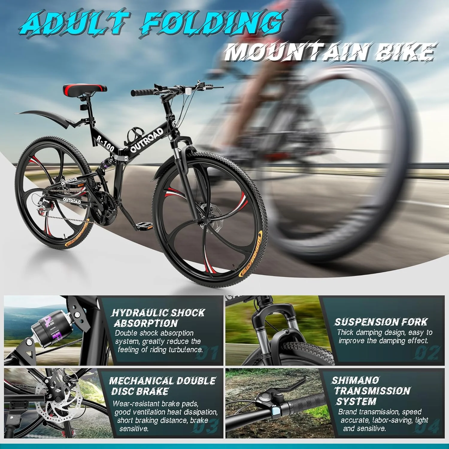 دوچرخه کوهستانی تاشو 26 اینچی Betterland، دارای 21 دنده، سیستم تعلیق کامل، ترمز دیسکی دوبل، فریم فولادی کربنی و لاستیک ضد لغزش با قابلیت باز شدن سریع برای بزرگسالان