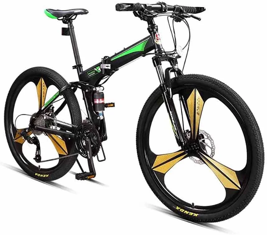 دوچرخه کوهستانی تاشو 26 اینچی با فریم فولادی کربنی بالا، دارای چرخ‌های 3 پره، ترمز دیسکی دوبل 27 سرعته و سیستم تعلیق دوگانه ضد لغزش