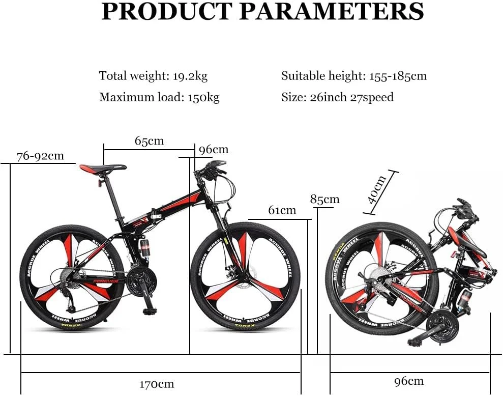 دوچرخه کوهستانی تاشو 26 اینچی با فریم فولادی کربنی بالا، دارای چرخ‌های 3 پره، ترمز دیسکی دوبل 27 سرعته و سیستم تعلیق دوگانه ضد لغزش