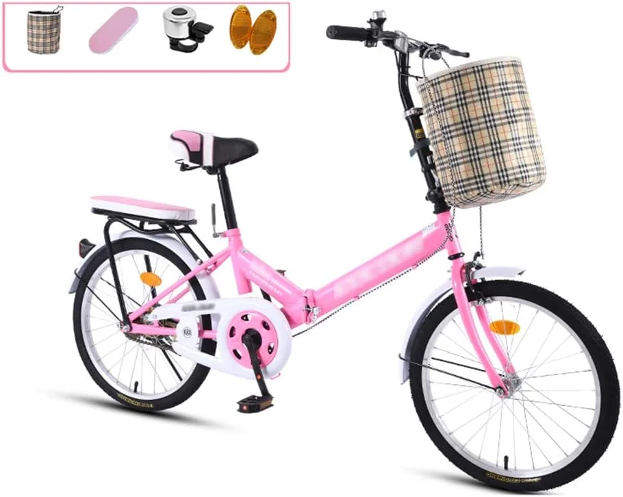 دوچرخه تاشو 20 اینچی تک سرعته با فریم فولادی کم ارتفاع، دوچرخه جمع و جور تاشو با زین راحت، کیف حمل و قفسه - صورتی-A