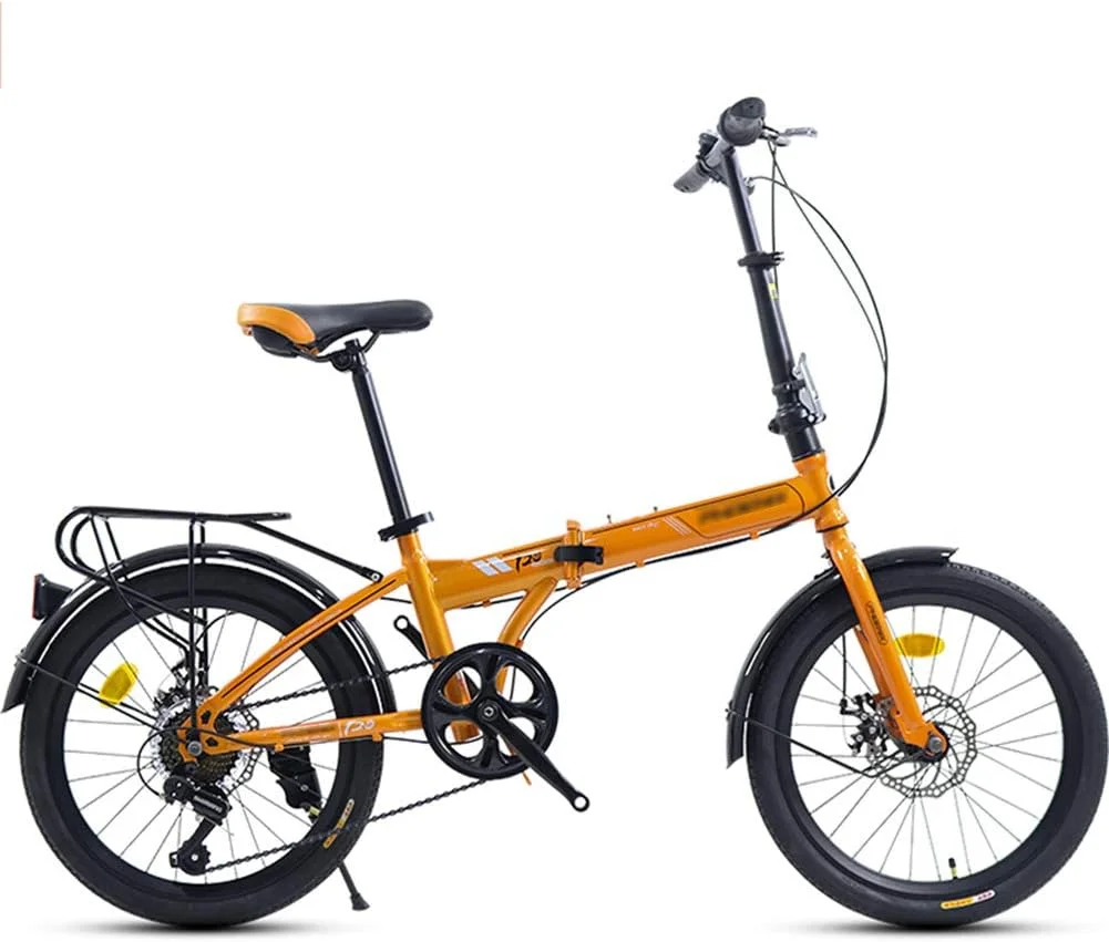 دوچرخه تاشو 20 اینچی 7 سرعته با فریم فولادی تاشو و رکاب پایین، دارای گلگیر، زین راحت و باربند - زرد