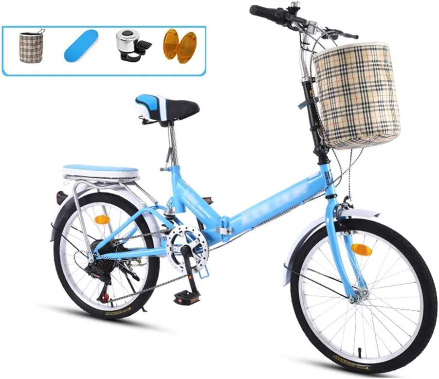 دوچرخه تاشو ۲۰ اینچی ۷ سرعته با فریم فولادی تاشو و رکاب پایین، به همراه زین راحت، کیف حمل و باربند - آبی-A