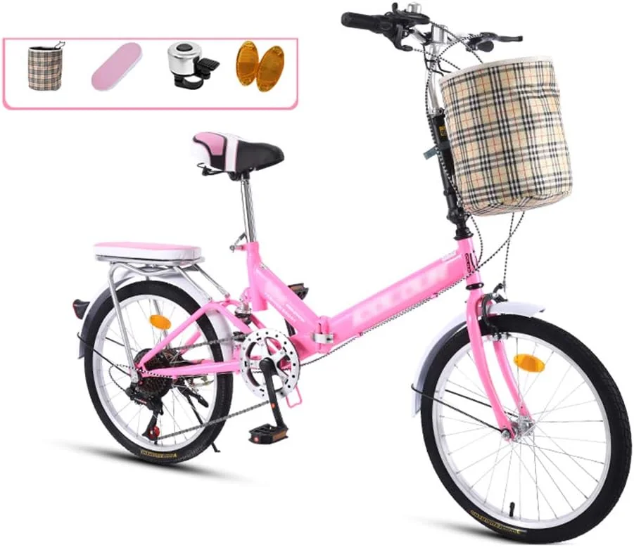 دوچرخه تاشو 20 اینچی 7 سرعته با فریم فولادی تاشو و رکاب پایین، به همراه زین راحت، کیف حمل و باربند - صورتی مدل A