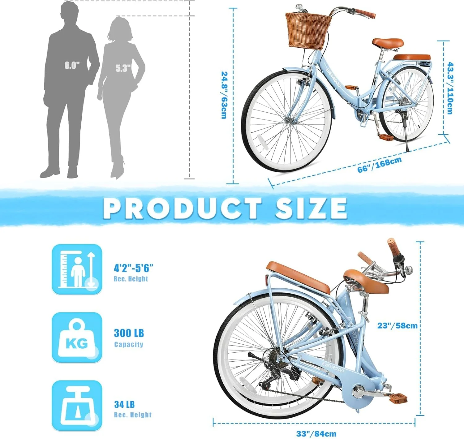 دوچرخه ساحلی تاشو 26 اینچی زنانه، دوچرخه تاشو 7 سرعته با سبد و قفسه، دوچرخه شهری سبک وزن برای رفت و آمد، اوقات فراغت و سواری آرام