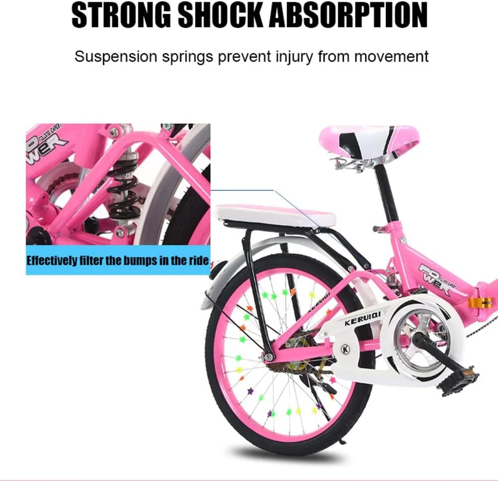 دوچرخه سه چرخ برای بزرگسالان، دوچرخه تاشو کودکانه برای پسران و دختران، دوچرخه کودک 20 اینچی با کمک فنر، مناسب برای سنین 10-12 سال، صورتی