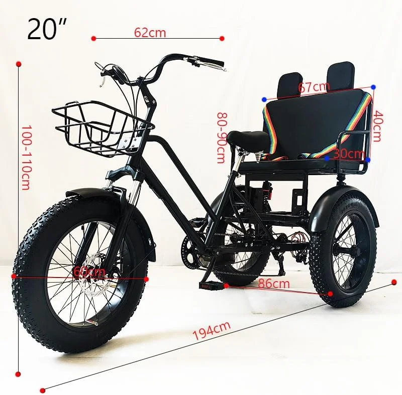 دوچرخه سه چرخ باربری 20 اینچی با لاستیک پهن، سه چرخه بزرگسالان 7 سرعته با سبد و صندلی عقب، دوچرخه کوهستانی، برای دوچرخه سواری در فضای باز، پیک نیک های تعطیلات، ظرفیت وزن: 200 کیلوگرم