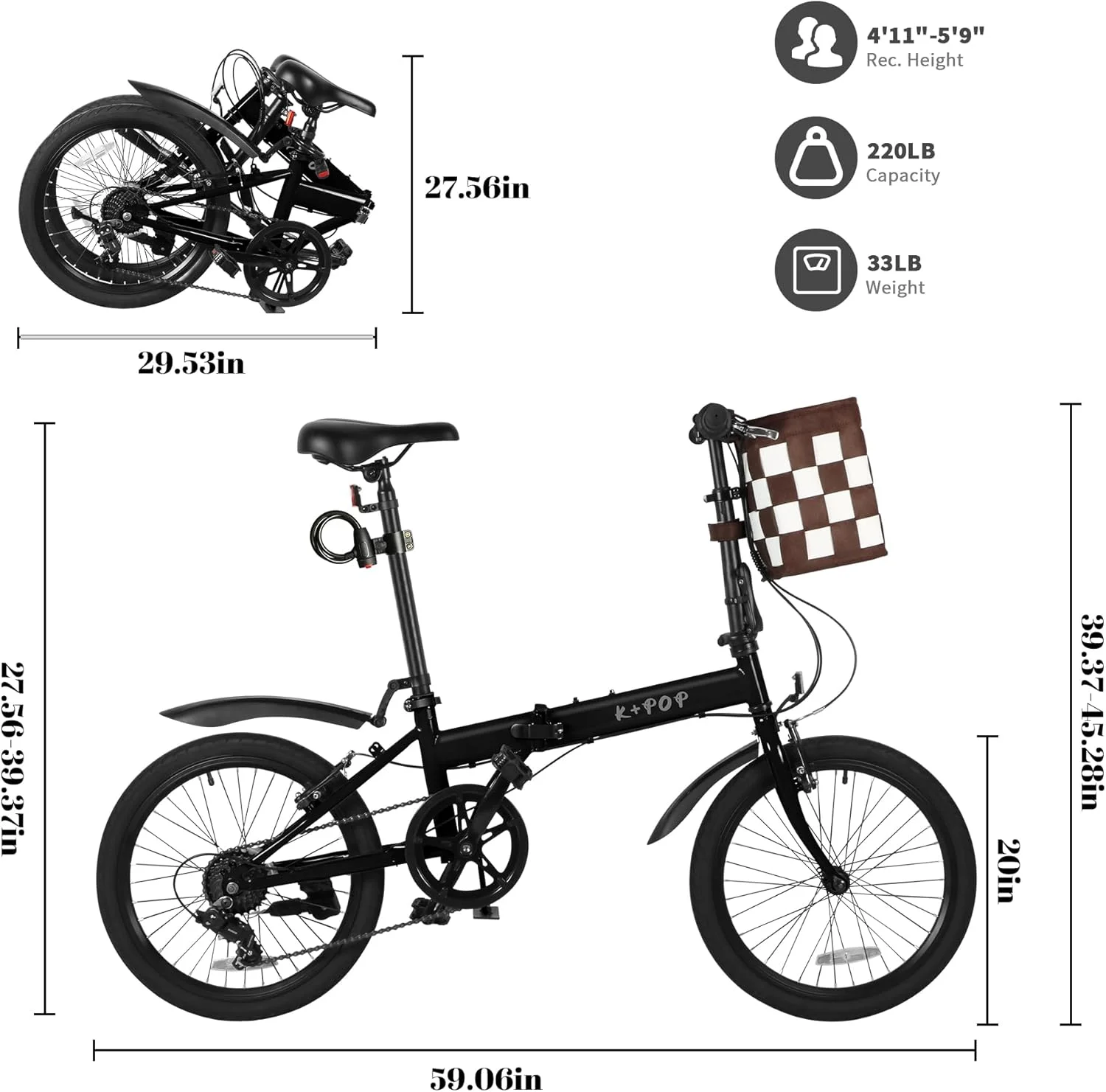 دوچرخه تاشو 20 اینچی برای مردان و زنان بزرگسال، دوچرخه مسافرتی تاشو 7 سرعته با سبد جداشدنی، دوچرخه تاشو سبک وزن با صندلی قابل تنظیم و ترمزهای V جلو و عقب، دوچرخه ساحلی مناسب فضای باز