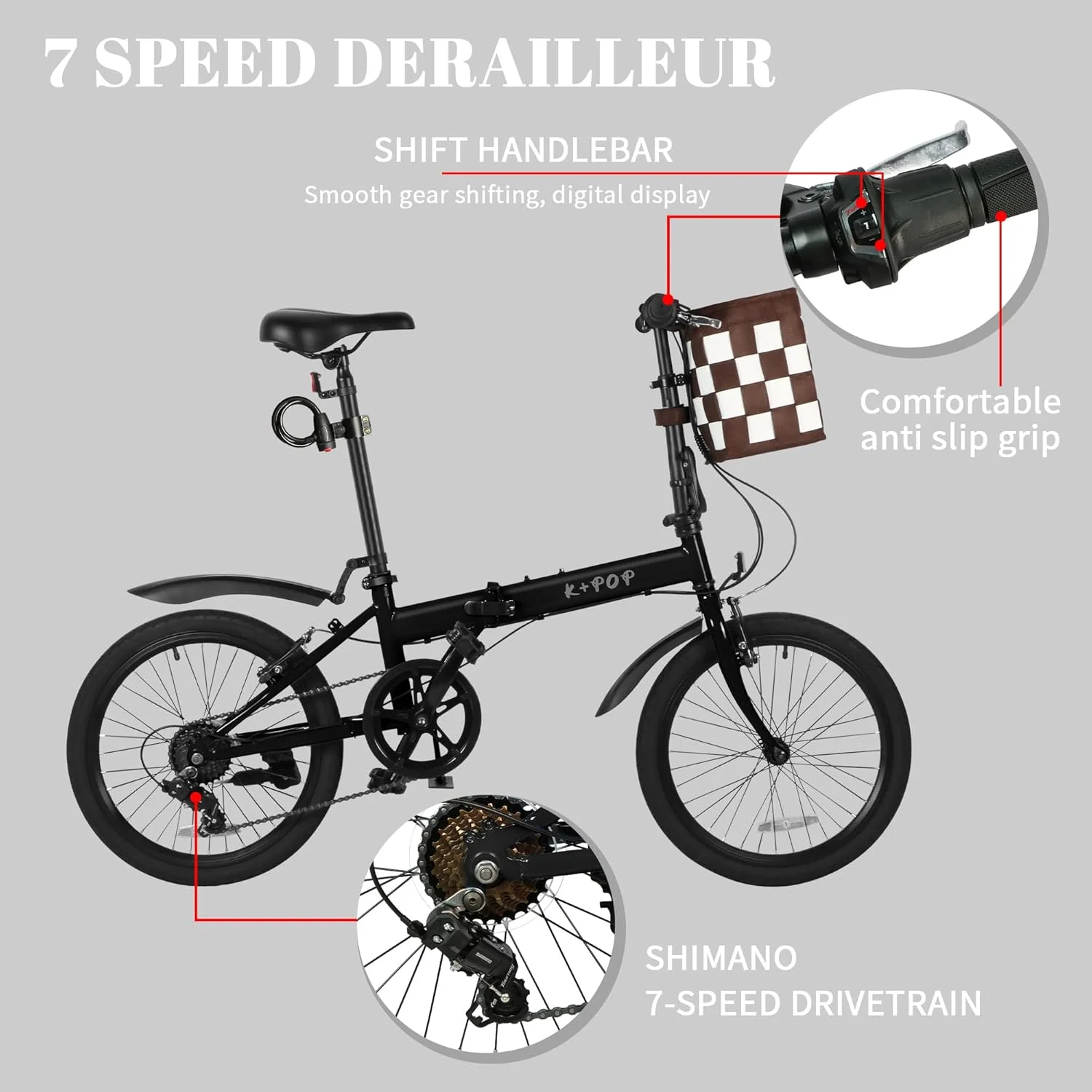 دوچرخه تاشو 20 اینچی برای مردان و زنان بزرگسال، دوچرخه مسافرتی تاشو 7 سرعته با سبد جداشدنی، دوچرخه تاشو سبک وزن با صندلی قابل تنظیم و ترمزهای V جلو و عقب، دوچرخه ساحلی مناسب فضای باز