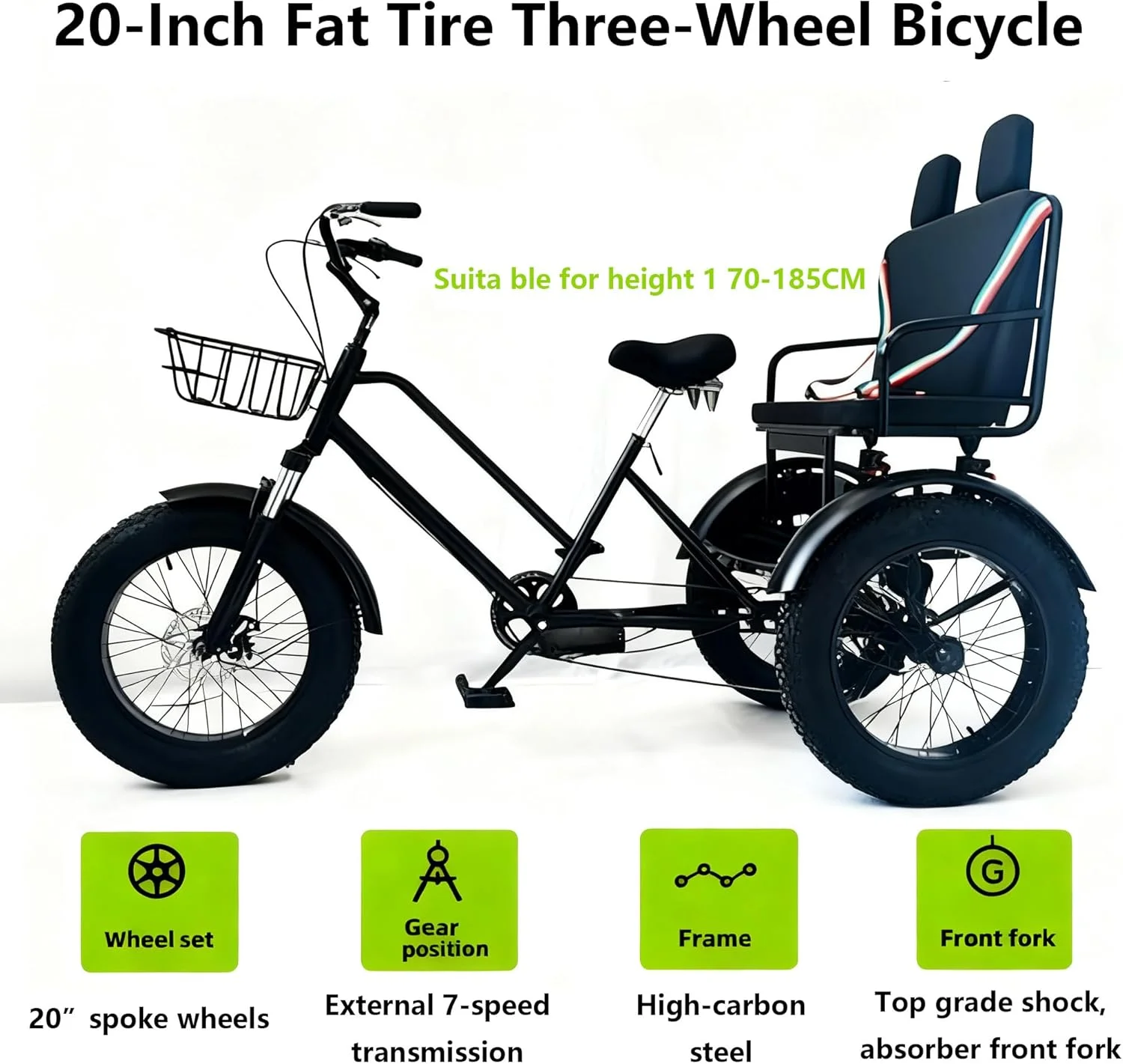 دوچرخه سه چرخ باربری 20 اینچی با لاستیک پهن، سه چرخه بزرگسالان 7 سرعته با سبد و صندلی عقب، دوچرخه کوهستانی، برای دوچرخه سواری در فضای باز، پیک نیک های تعطیلات، ظرفیت وزن: 200 کیلوگرم