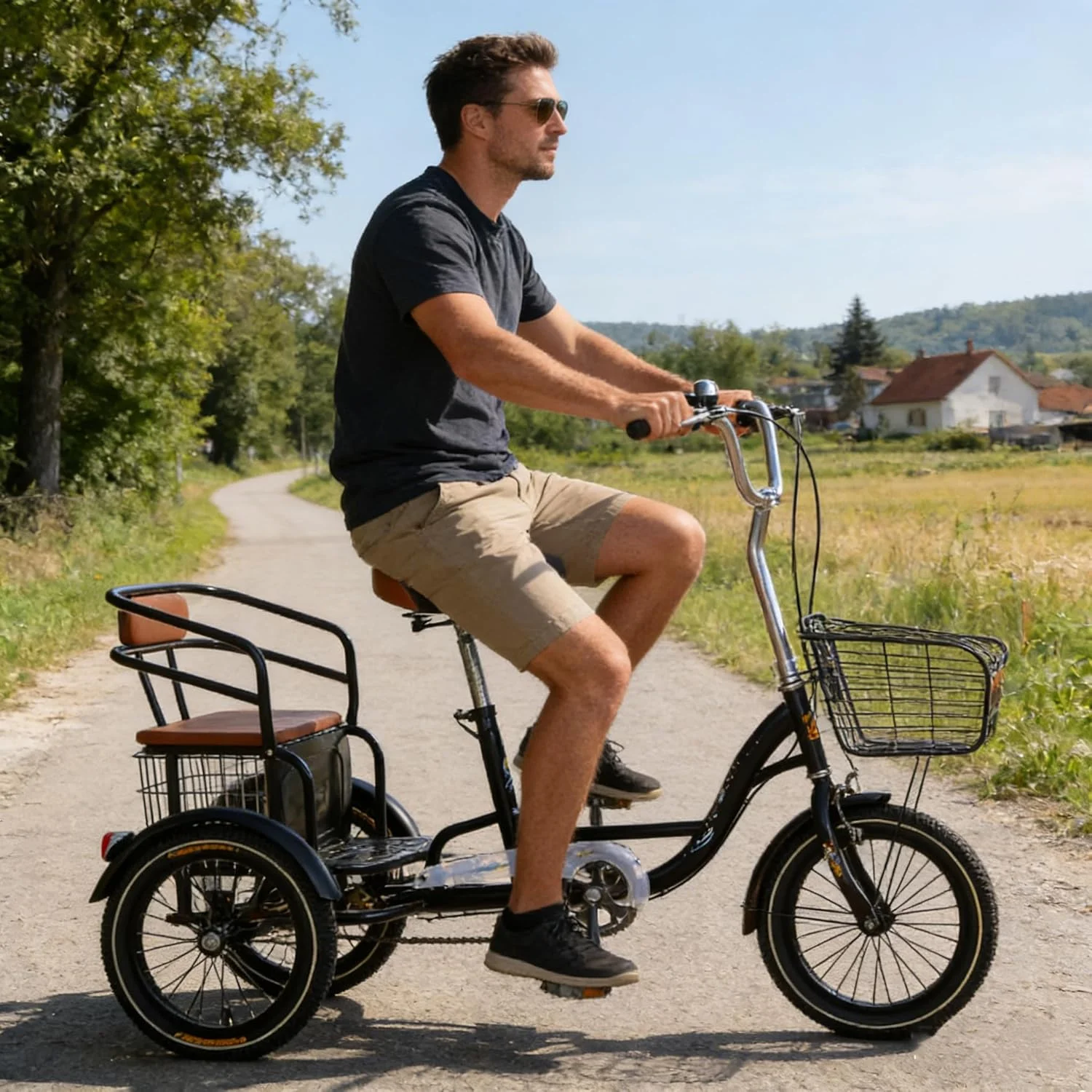 سه چرخه بزرگسال 16 اینچی با صندلی عقب و سبد، دوچرخه های 3 چرخ، دوچرخه های تک پدال، با فریم فولادی کربنی، سه چرخه باربری برای سالمندان، زنان و مردان - مشکی