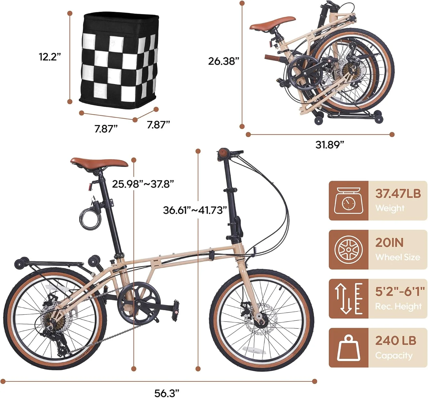 دوچرخه تاشو ۲۰ اینچی، دوچرخه تاشو ۷ سرعته برای بزرگسالان، زنان و مردان، دوچرخه های تاشو با سبد برای بزرگسالان، دوچرخه های رفت و آمد با ترمزهای دیسکی جلو و عقب، صندلی قابل تنظیم
