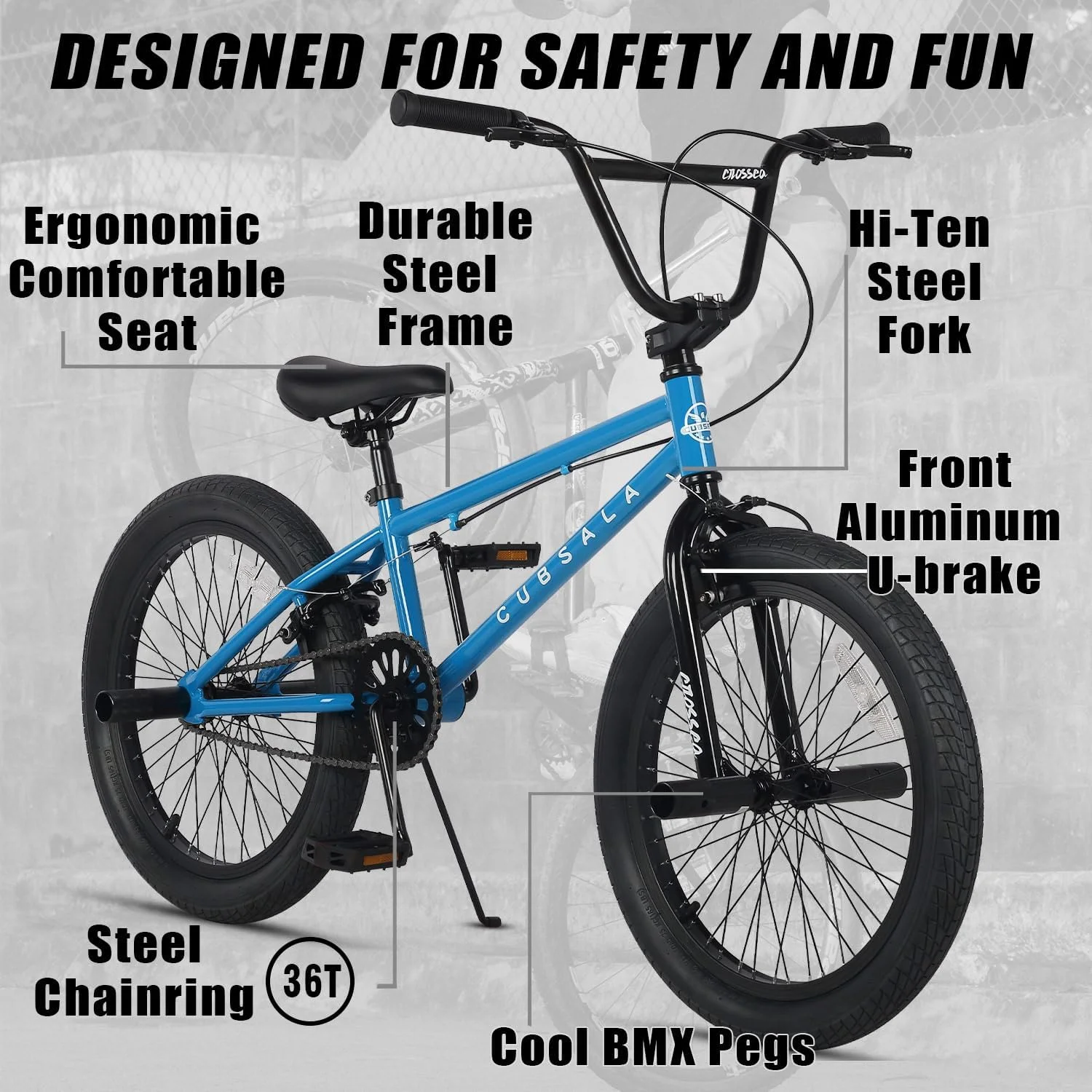 دوچرخه BMX فری استایل، دوچرخه 20 اینچی برای کودکان 7-13 ساله و سوارکاران مبتدی، آبی