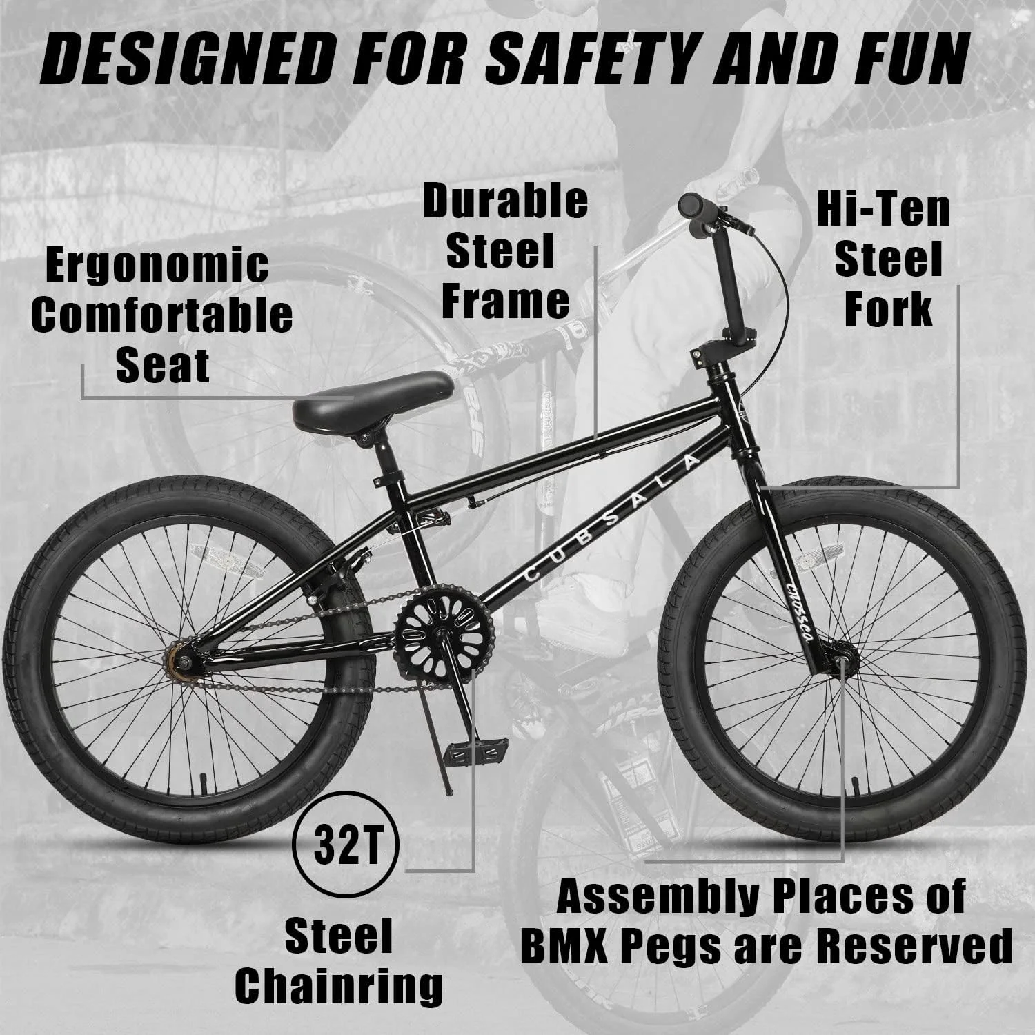 دوچرخه BMX فری استایل، دوچرخه 20 اینچی برای کودکان 7-13 ساله و سوارکاران سطح مبتدی، مشکی