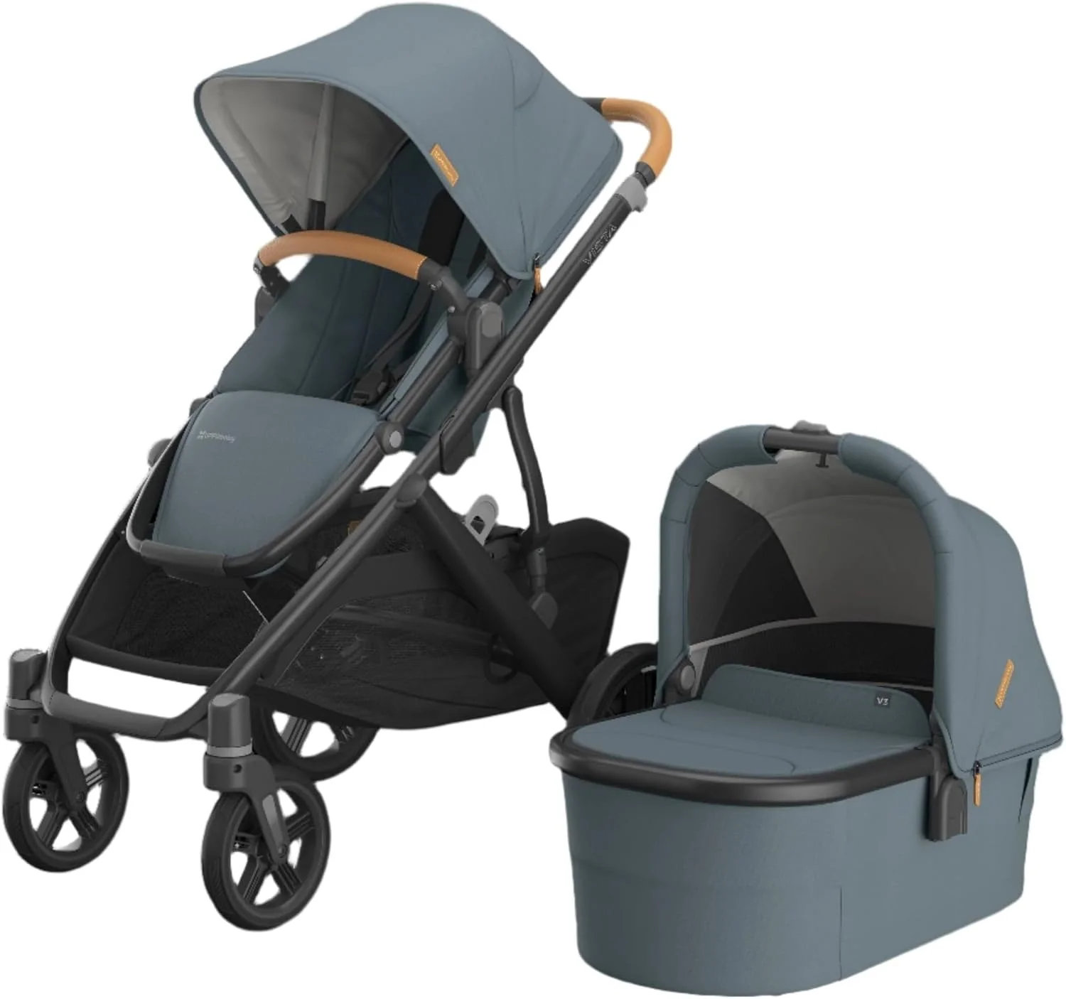 کالسکه UPPAbaby Vista V3، کالسکه تبدیل شونده از تک به دوقلو، صندلی برگشت پذیر، تاشو با یک دست، سبد حمل نوزاد V3 شامل، رنگ Dillan Stone Blue، فریم کربن، چرم ماسه ای