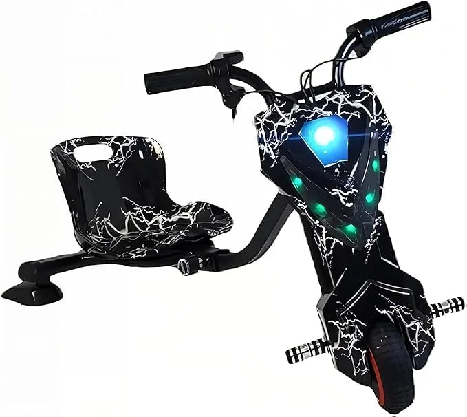 ماشین دریفت کودکانه - کارتینگ دریفت چرخان 360 درجه برقی با موسیقی بلوتوث، چراغ های LED، موتور 350 و تجهیزات محافظ - کارت دریفت قابل تنظیم برای پسران و دختران 8-15 ساله (مشکی)