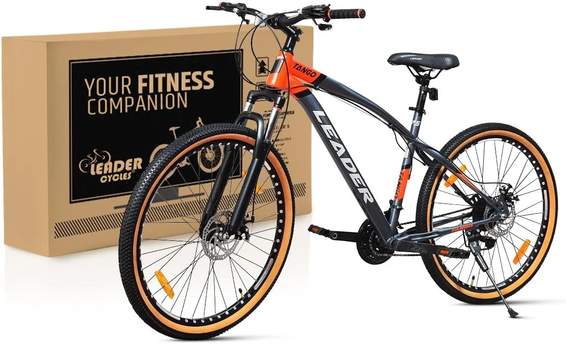 دوچرخه کوهستانی آلیاژی لیدر تانگو | دوچرخه دنده ای، ترمز دیسکی دوبل و سیستم تعلیق جلو | فریم سبک وزن خاکستری/نارنجی