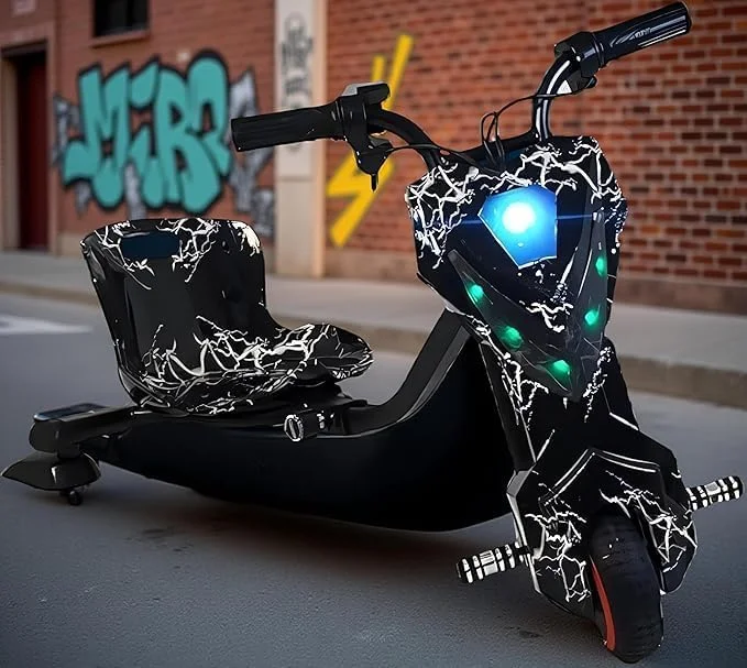 ماشین دریفت کودکانه - کارتینگ دریفت چرخان 360 درجه برقی با موسیقی بلوتوث، چراغ های LED، موتور 350 و تجهیزات محافظ - کارت دریفت قابل تنظیم برای پسران و دختران 8-15 ساله (مشکی)