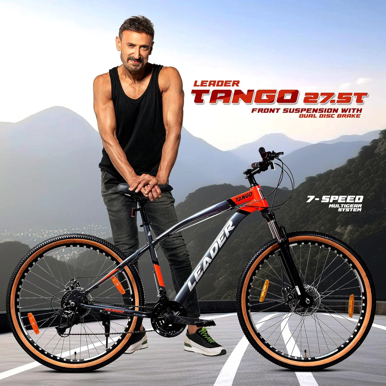 دوچرخه کوهستانی آلیاژی لیدر تانگو | دوچرخه دنده ای، ترمز دیسکی دوبل و سیستم تعلیق جلو | فریم سبک وزن خاکستری/نارنجی