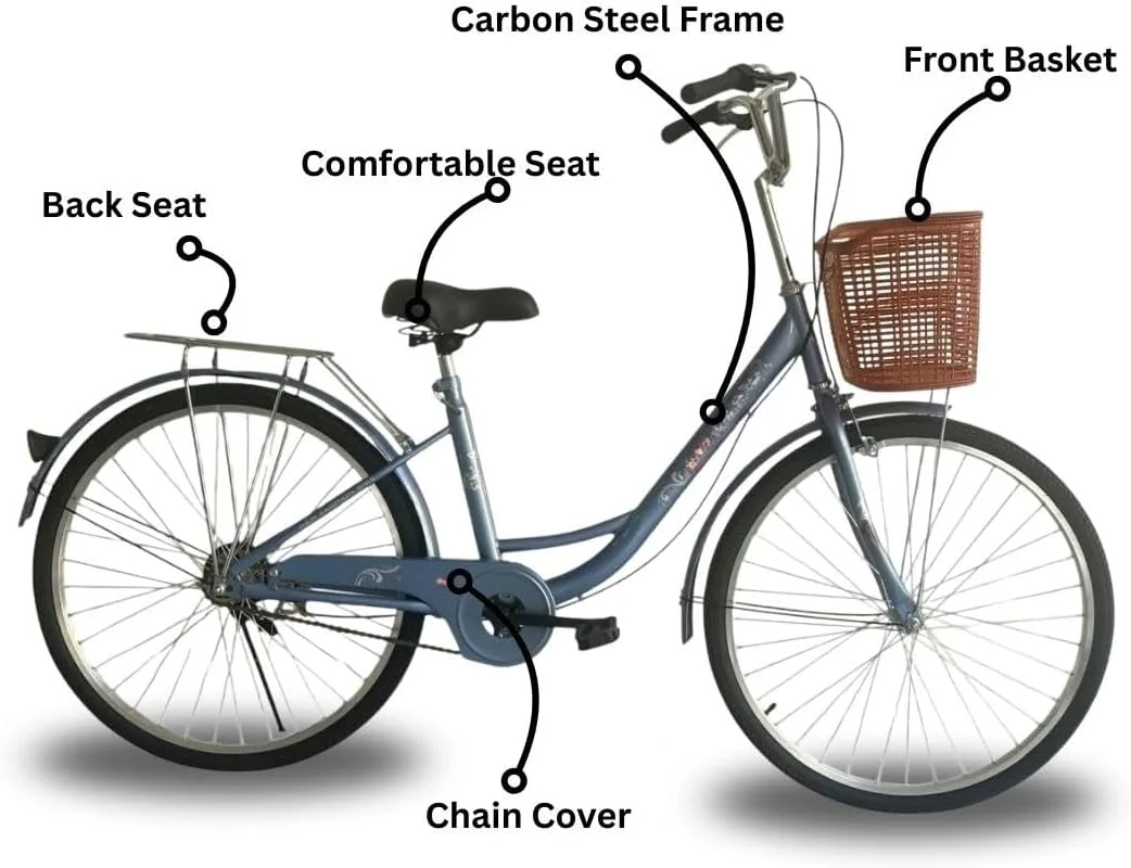 دوچرخه شهری 26 اینچی تک سرعته زنانه | دوچرخه کلاسیک کروزر با سبد | مناسب جوانان و بزرگسالان | آبی آسمانی