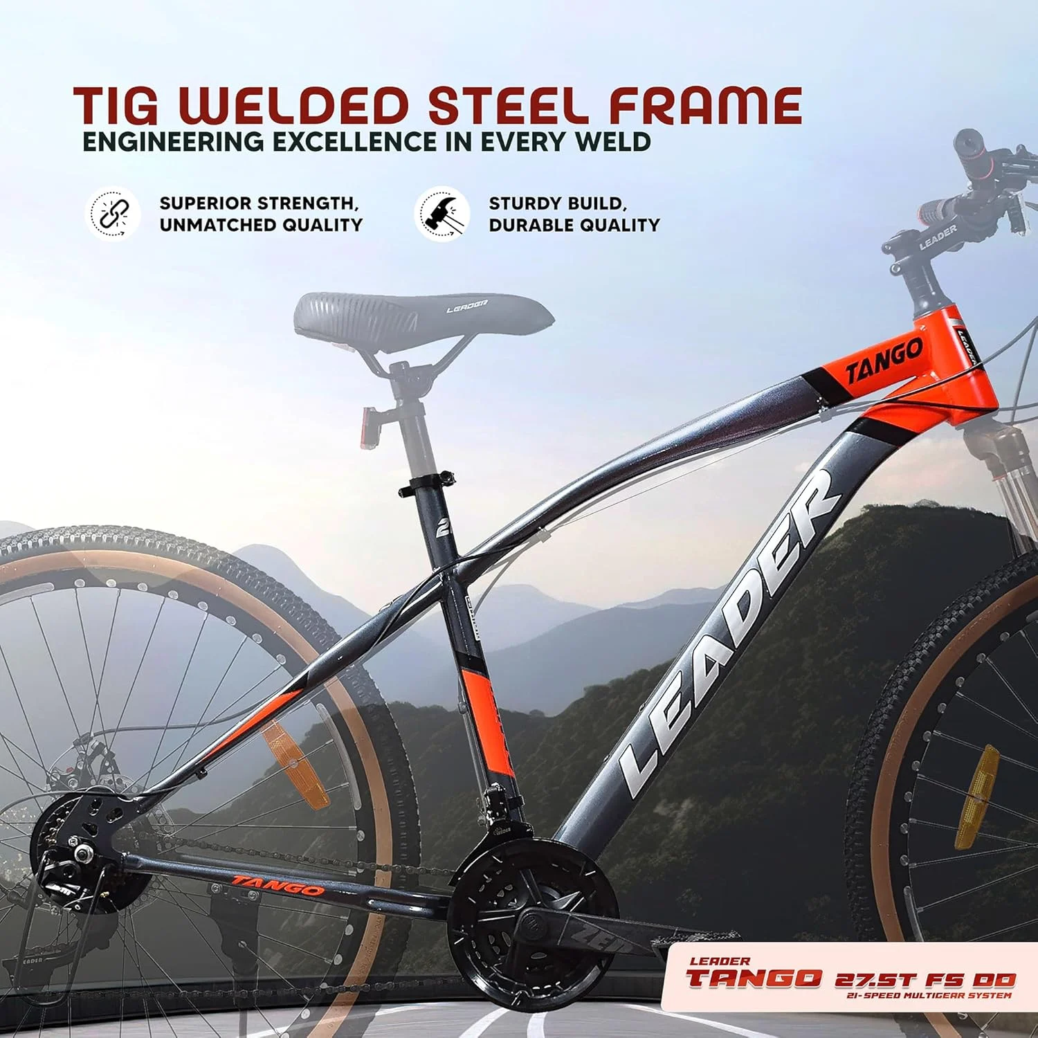 دوچرخه کوهستانی آلیاژی لیدر تانگو | دوچرخه دنده ای، ترمز دیسکی دوبل و سیستم تعلیق جلو | فریم سبک وزن خاکستری/نارنجی