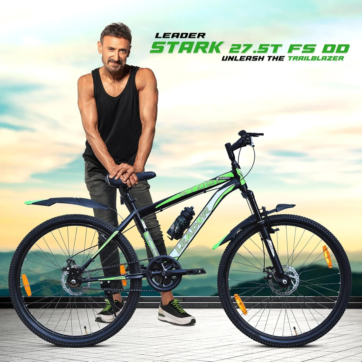 دوچرخه کوهستانی لیدر استارک 27.5T با ترمز دیسکی دوبل و سیستم تعلیق جلو تک سرعته مخصوص آقایان - مشکی مات/سبز مناسب برای 15 سال به بالا | فریم: 19 اینچ