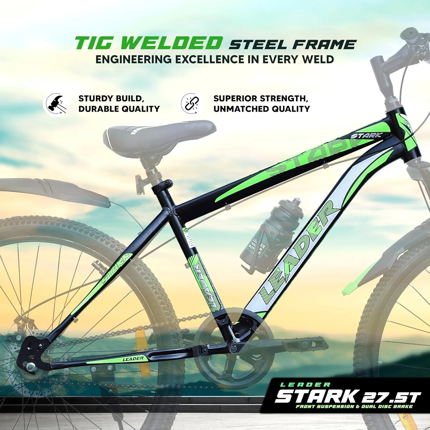 دوچرخه کوهستانی لیدر استارک 27.5T با ترمز دیسکی دوبل و سیستم تعلیق جلو تک سرعته مخصوص آقایان - مشکی مات/سبز مناسب برای 15 سال به بالا | فریم: 19 اینچ