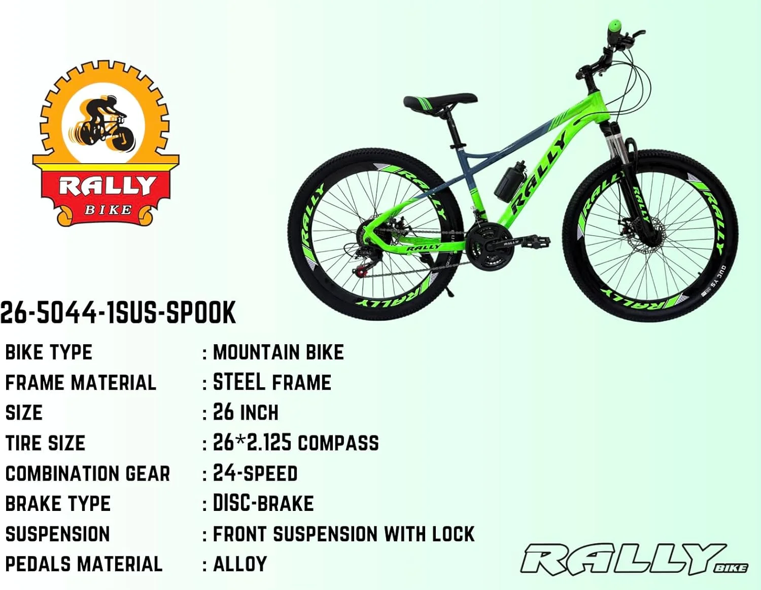 دوچرخه کوهستان RALLY، سایز 26 اینچ، فریم آلومینیومی، با سیستم دنده ترکیبی 24 سرعته، ترمز دیسکی، کمک فنر جلو