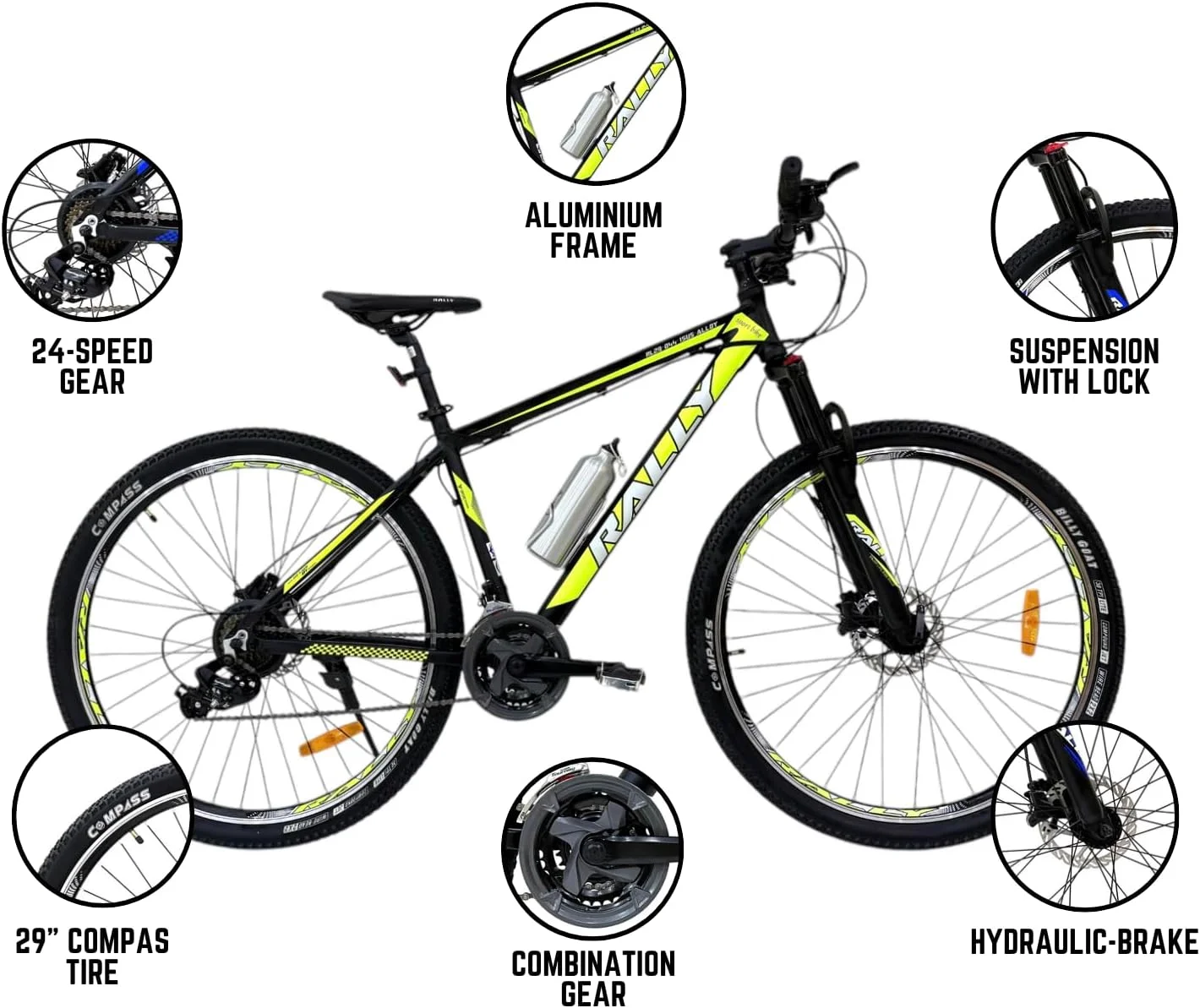 دوچرخه کوهستانی رالی، سایز 29 اینچ، فریم آلومینیومی، 24 دنده، ترمز هیدرولیک، کمک فنر جلو