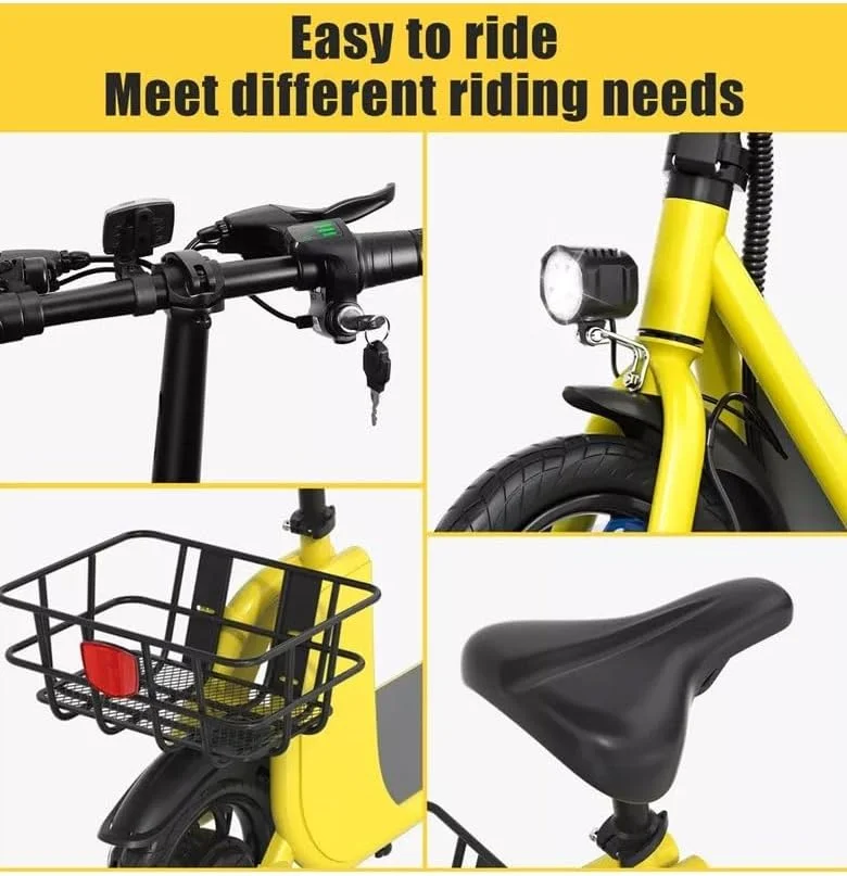 اسکوتر برقی تاشو ممتاز با صندلی و سبد عقب – موتور 450 وات | باتری 36 ولت 8 آمپر ساعت | سرعت 25–35 کیلومتر در ساعت | لاستیک 12.5 اینچی | فریم آلیاژ کربن | ترمز دیسکی | اسکوتر برقی راحت و مناسب برای بزرگسالان