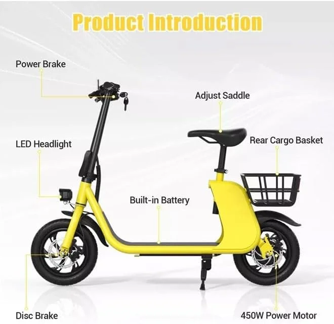 اسکوتر برقی تاشو ممتاز با صندلی و سبد عقب – موتور 450 وات | باتری 36 ولت 8 آمپر ساعت | سرعت 25–35 کیلومتر در ساعت | لاستیک 12.5 اینچی | فریم آلیاژ کربن | ترمز دیسکی | اسکوتر برقی راحت و مناسب برای بزرگسالان