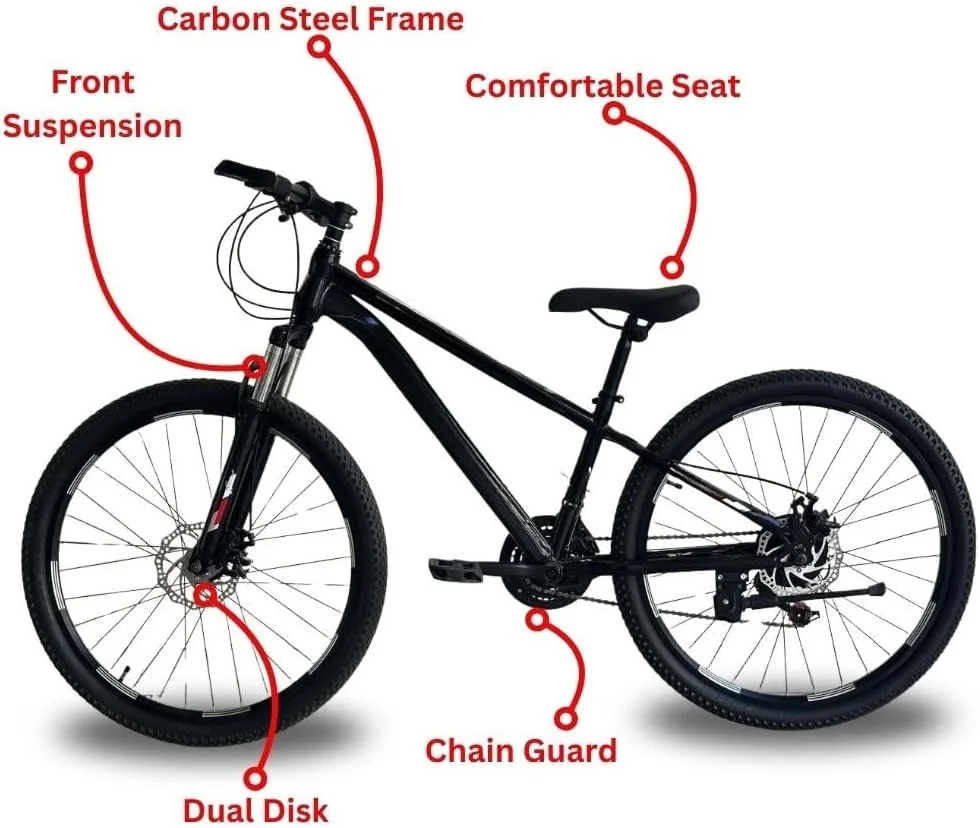 دوچرخه کوهستان عالی | سایز 26 اینچ، 21 دنده | بدنه فولاد کربنی، سیستم تعلیق جلو، ترمزهای دیسکی دوبل | دوچرخه آبی بادوام برای مسیرهای ناهموار