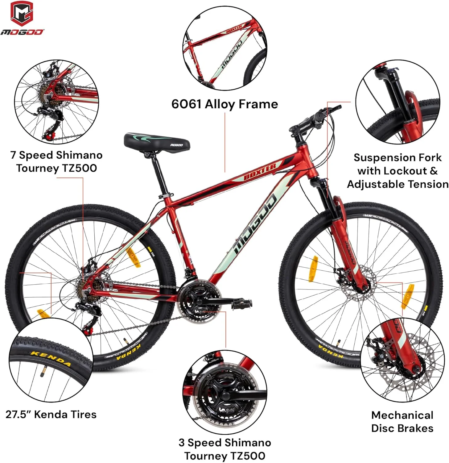 دوچرخه کوهستانی آلیاژ آلومینیوم Mogoo Boxter کندا 27.5 اینچ، 21 دنده Shimano، دوچرخه بزرگسال، ترمز دیسکی مکانیکی، صندلی قابل تنظیم، 21 دنده، دوچرخه MTB تعلیق برای مردان و زنان