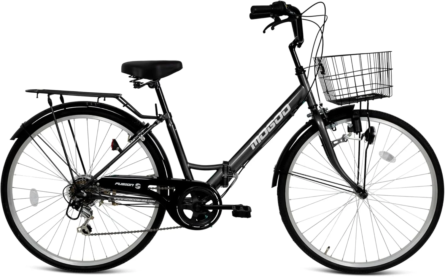 دوچرخه تاشو MOGOO FUSION، چرخ‌های ۲۴/۲۶ اینچی، ۶ دنده Shimano، دوچرخه شهری برای آقایان و بانوان با سبد، ترمزهای کالیپر، فریم فولادی بادوام تاشو، چراغ دینام، صندلی قابل تنظیم