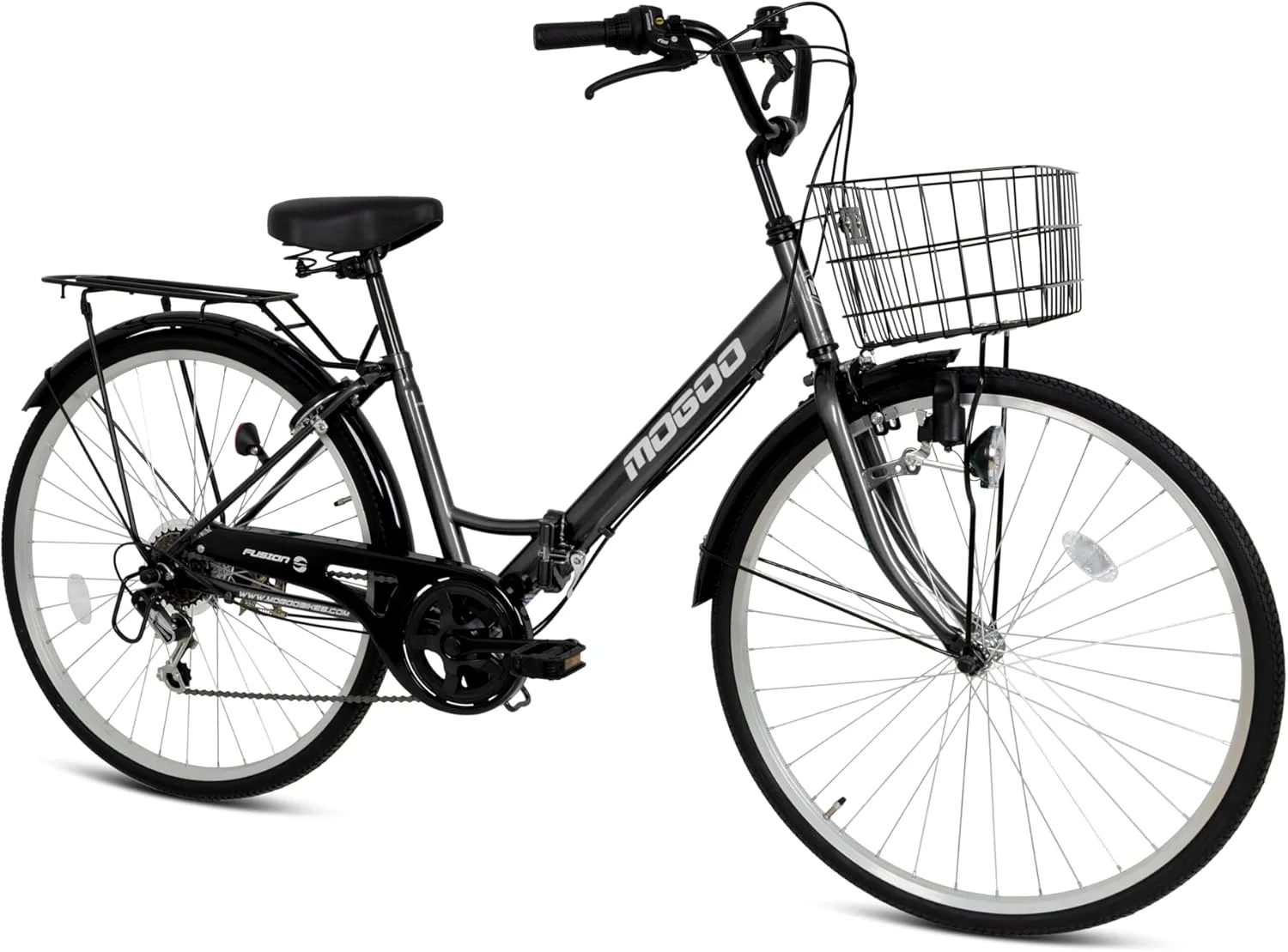 دوچرخه تاشو MOGOO FUSION، چرخ‌های ۲۴/۲۶ اینچی، ۶ دنده Shimano، دوچرخه شهری برای آقایان و بانوان با سبد، ترمزهای کالیپر، فریم فولادی بادوام تاشو، چراغ دینام، صندلی قابل تنظیم