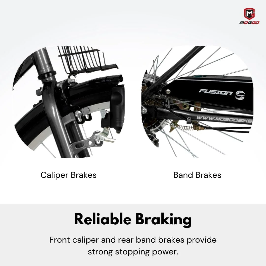 دوچرخه تاشو MOGOO FUSION، چرخ‌های ۲۴/۲۶ اینچی، ۶ دنده Shimano، دوچرخه شهری برای آقایان و بانوان با سبد، ترمزهای کالیپر، فریم فولادی بادوام تاشو، چراغ دینام، صندلی قابل تنظیم