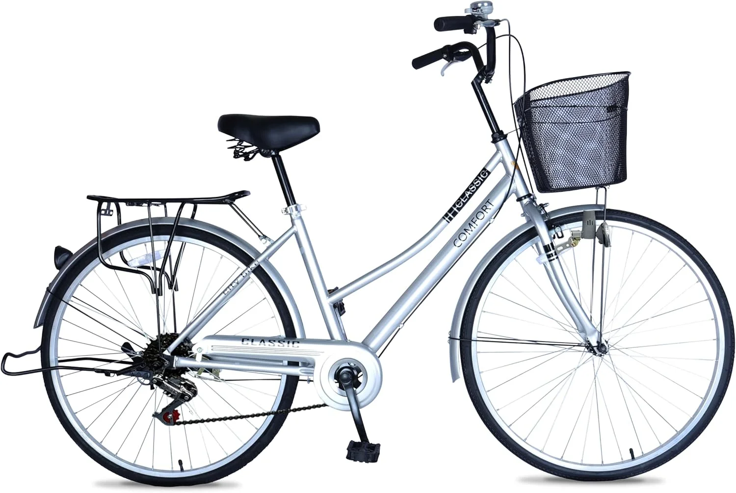 دوچرخه شهری واکس Comfort City سایز 24 و 26 اینچ، 6 دنده به همراه سبد و ترکبند عقب | دارای قفل داخلی، چراغ جلوی دینام دار، فریم فولادی، دوچرخه رفت و آمد شهری مناسب بزرگسالان با زین قابل تنظیم سریع