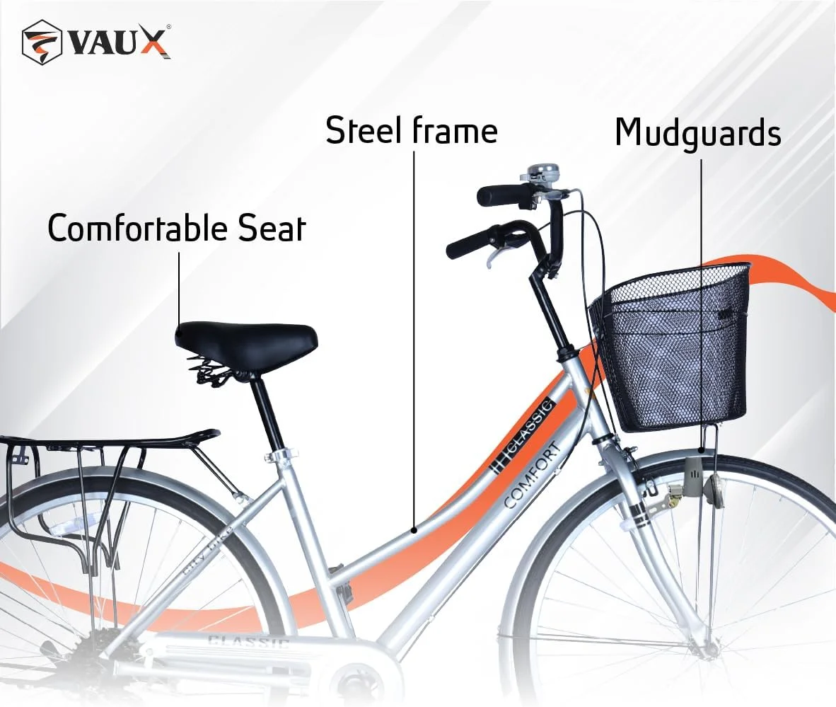 دوچرخه شهری واکس Comfort City سایز 24 و 26 اینچ، 6 دنده به همراه سبد و ترکبند عقب | دارای قفل داخلی، چراغ جلوی دینام دار، فریم فولادی، دوچرخه رفت و آمد شهری مناسب بزرگسالان با زین قابل تنظیم سریع