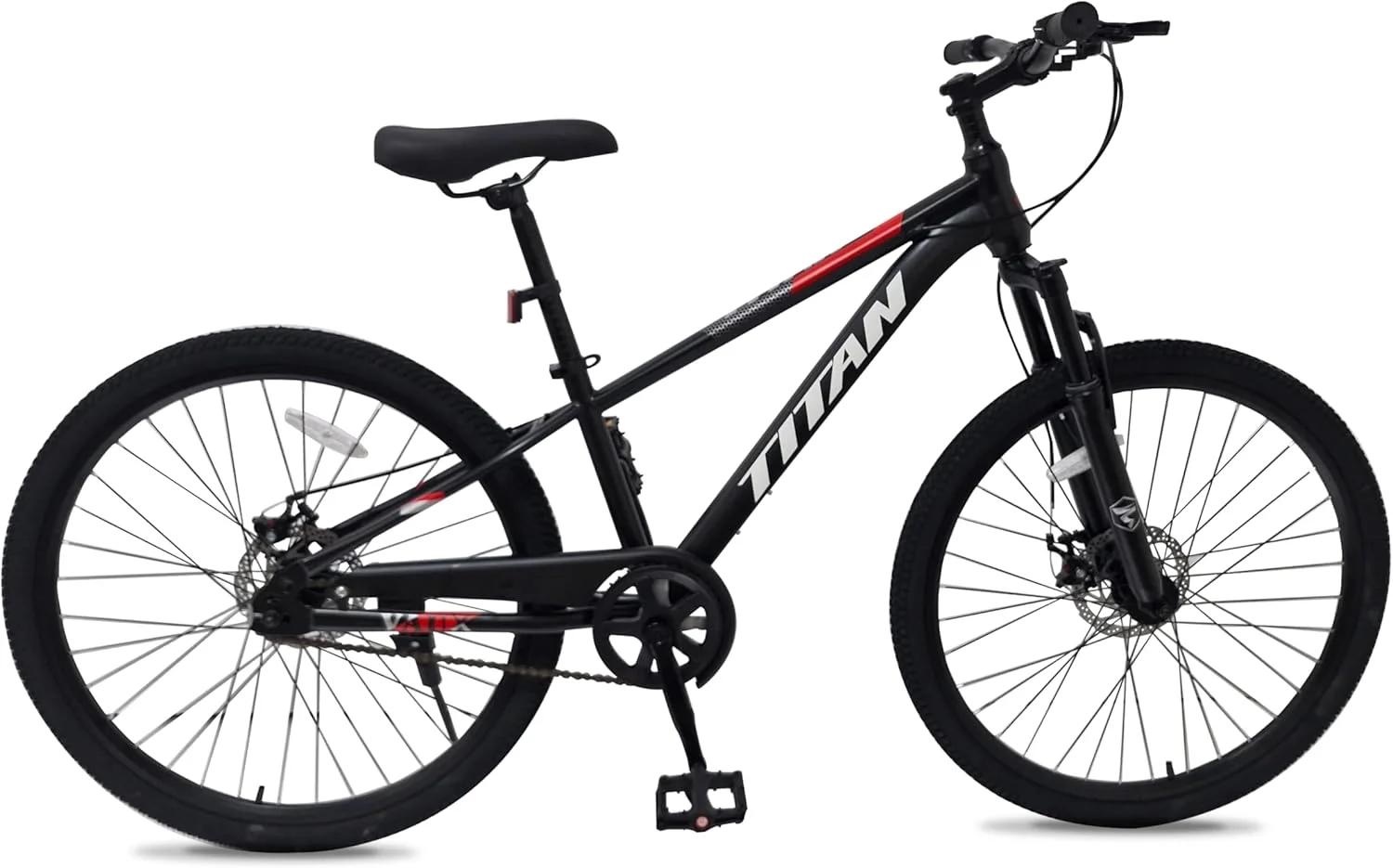 دوچرخه کوهستان Vaux Titan سایز 26 اینچ، فریم فولادی، دوشاخ جلو کمک‌دار با قفل‌شو، طوقه آلومینیومی دوجداره، ترمز دیسکی جلو و عقب، دسته فرمان بدون رزوه، میله زین با اهرم تنظیم سریع – دوچرخه MTB