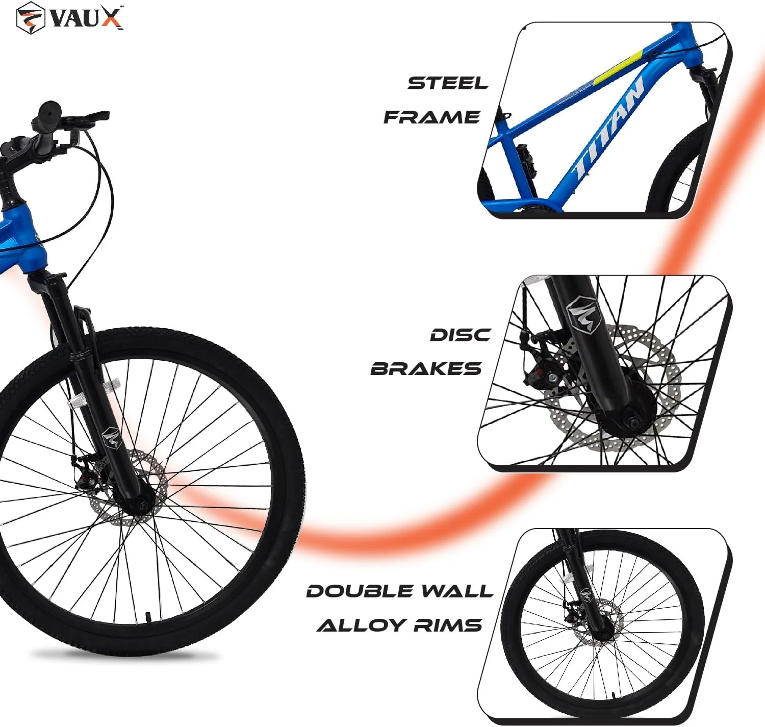 دوچرخه کوهستان Vaux Titan سایز 26 اینچ، فریم فولادی، دوشاخ جلو کمک‌دار با قفل‌شو، طوقه آلومینیومی دوجداره، ترمز دیسکی جلو و عقب، دسته فرمان بدون رزوه، میله زین با اهرم تنظیم سریع – دوچرخه MTB