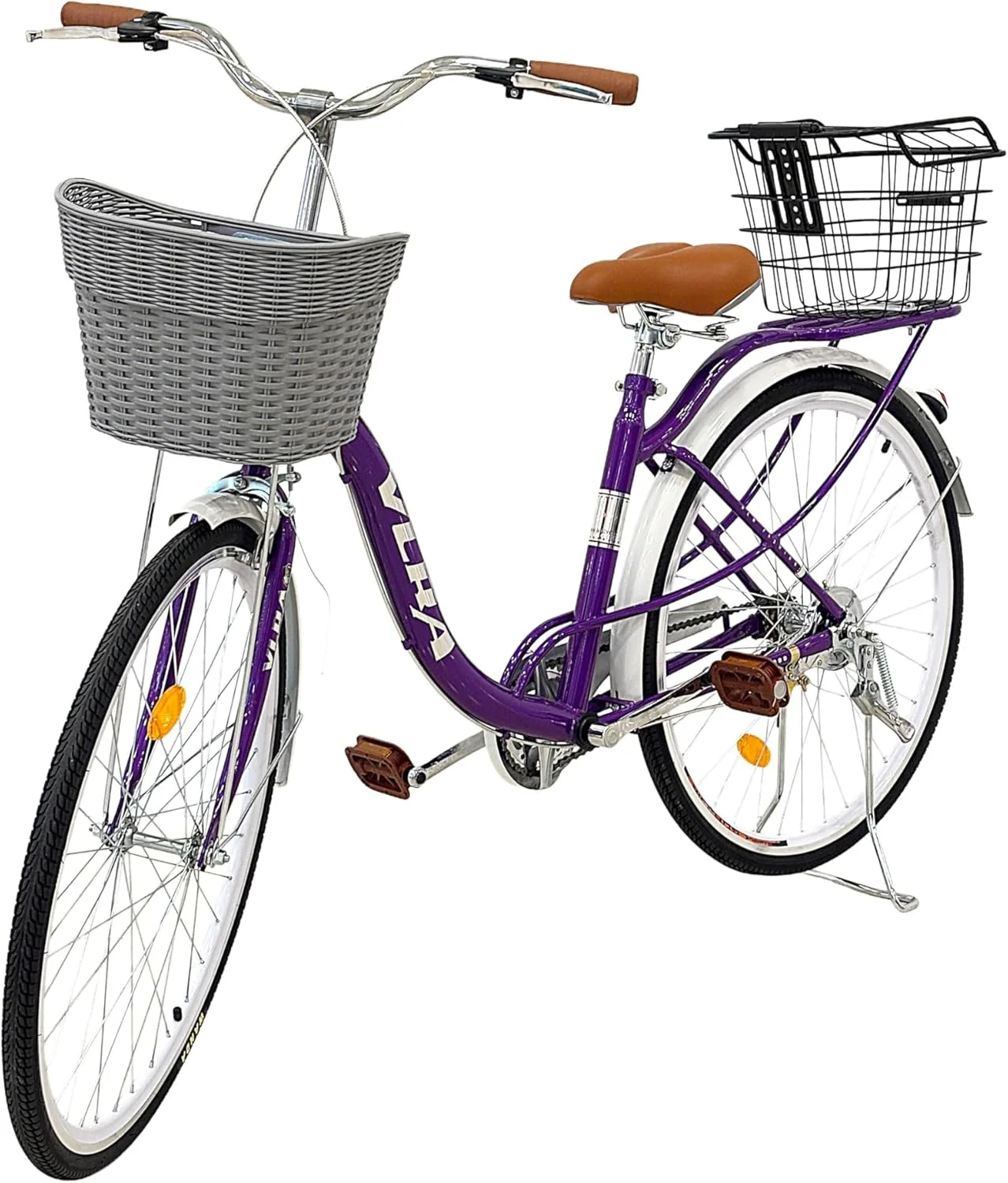 دوچرخه شهری وی‌ال‌آرای شهری، بنفش، بدنه فولادی با زین چرمی قهوه‌ای، دارای دو سبد نگهداری، طراحی کلاسیک با رکاب پایین، چرخ‌های ۲۶ اینچی