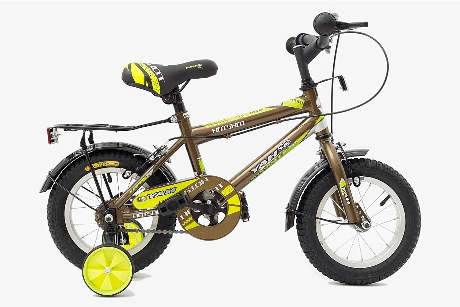 دوچرخه کودک، سایزهای ۱۲/۱۶ اینچ با چرخ های کمکی و سایز ۲۰ اینچ با پایه، صندلی قابل تنظیم، فریم فولادی، ترمز دستی، پوشش زنجیر، گلگیر و طوقه های آلیاژی